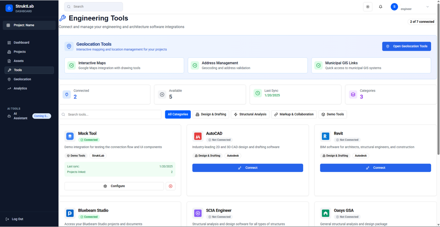 StruktLab Engineering Tools showing integrations with AutoCAD, Revit, Bluebeam Studio, and other AEC software platforms