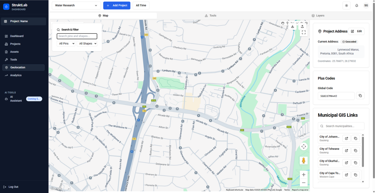 Geolocation Mapping interface with interactive maps, GPS coordinates, and municipal GIS links